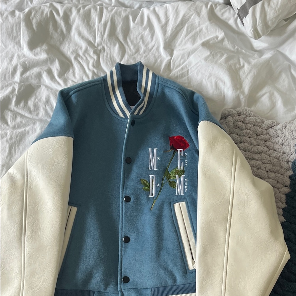Blue and White Varsity Jacket with Embroidery